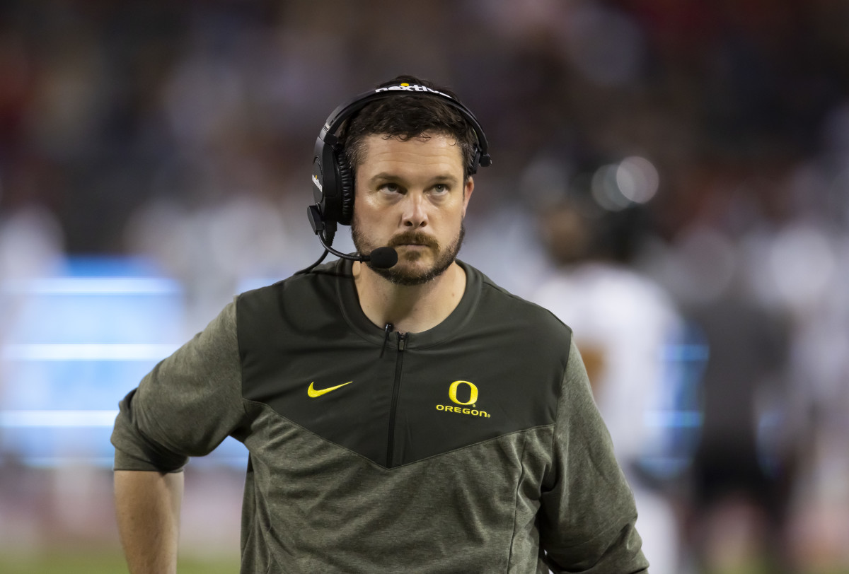 Oct 8, 2022; Tucson, Arizona, USA; Oregon Ducks head coach Dan Lanning against the Arizona Wildcats at Arizona Stadium. Mandatory Credit: Mark J. Rebilas-USA TODAY Sports